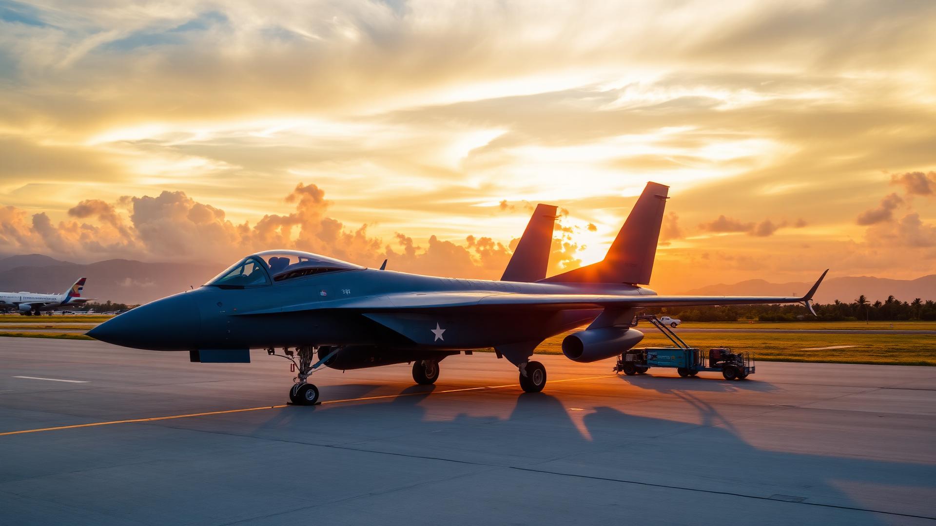 Military jet aircraft refueling on tarmac at sunset in the Philippines